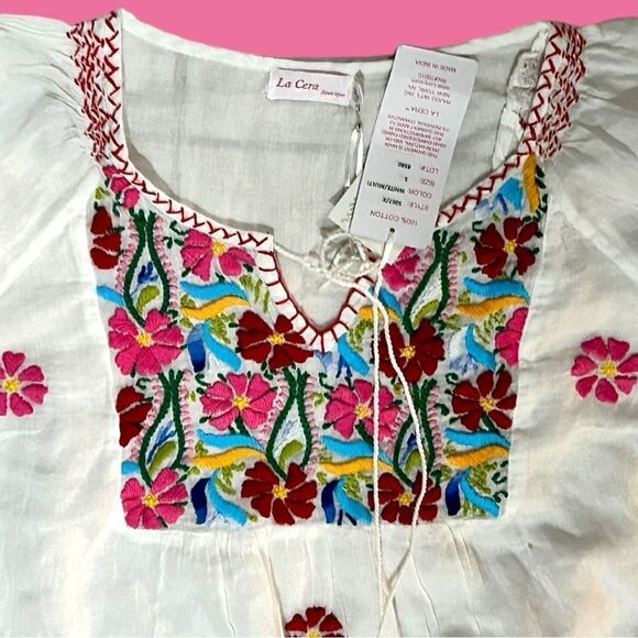 LA CERA | NWT Women's 3/4 Sleeve Embroidered Peasant top White Size S Retail $98 - Picture 5 of 9